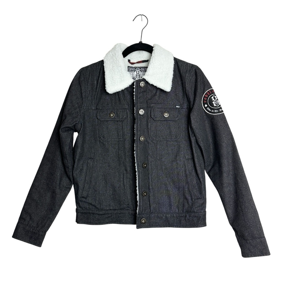 Rebel Eight Womens Black Denim Jacket with White Collar and Buffalo Plaid